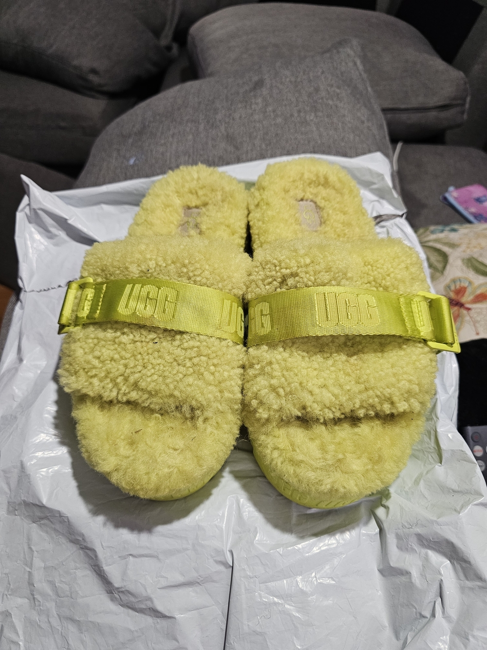UGG Kids Yellow Fluff Shearling Slide with Branded Strap